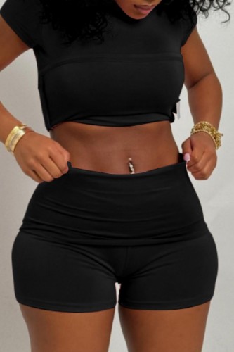 Black Casual Daily Solid Color Basic O Neck Short Sleeve Two Pieces