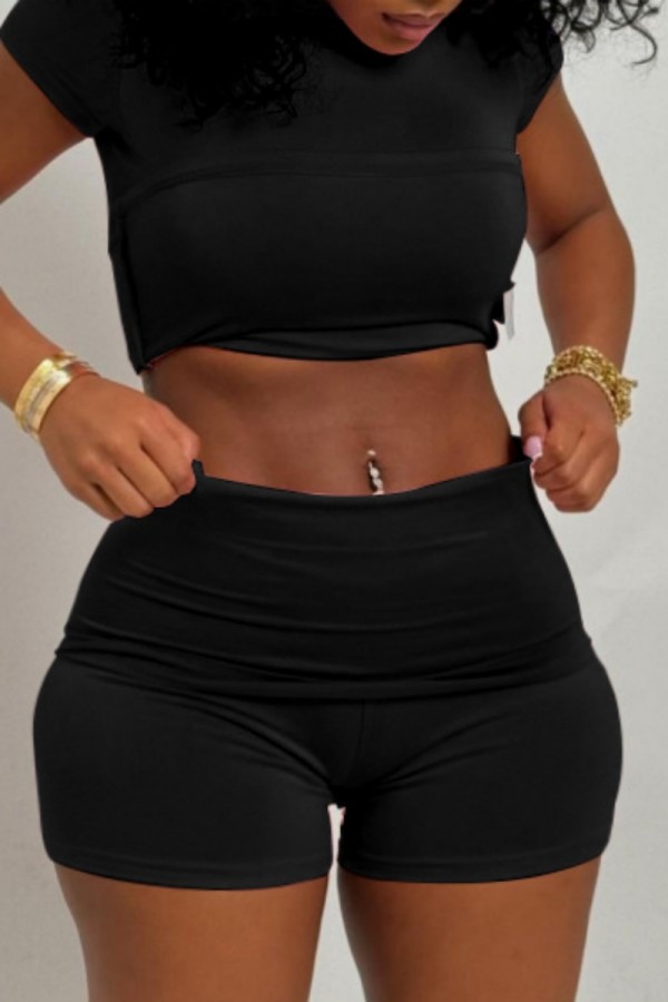 Black Casual Daily Solid Color Basic O Neck Short Sleeve Two Pieces