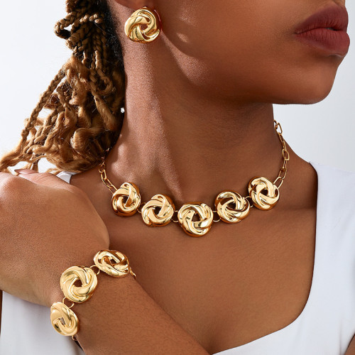 Gold Casual Daily Solid Color Chains Necklaces Bracelets Earrings Three Piece Set