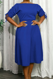 Blue Casual Solid Color Draw String Patchwork Boat Neck Plus Size Two Pieces