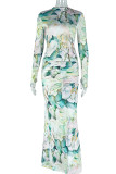Green Casual Print Ruched Half A Turtleneck Long Sleeve Two Pieces