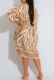 Orange Casual Print Buckle Slit Shirt Collar Shirt Dresses