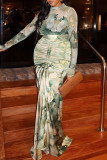 Green Casual Print Ruched Half A Turtleneck Long Sleeve Two Pieces