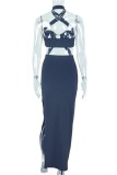Black Sexy Solid Color Backless Slit Halter Long Dresses