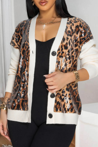 White Casual Leopard Print Buckle Patchwork V Neck Outerwear