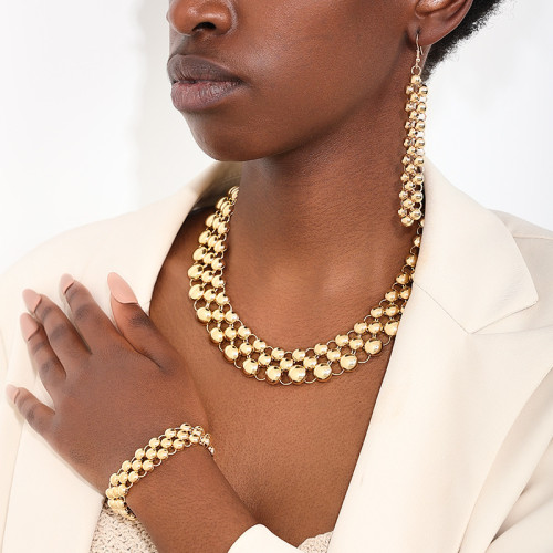 Gold Daily Solid Color Round Necklaces Earrings And Bracelet Three Piece Set