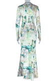 Green Casual Print Ruched Half A Turtleneck Long Sleeve Two Pieces