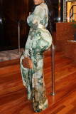 Green Casual Print Ruched Half A Turtleneck Long Sleeve Two Pieces