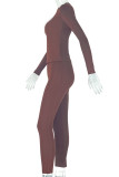 Dark Brown Casual Sportswear Daily Solid Color Basic O Neck Long Sleeve Two Pieces