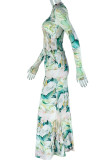 Green Casual Print Ruched Half A Turtleneck Long Sleeve Two Pieces