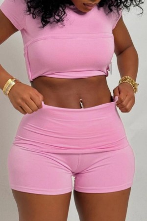 Pink Casual Daily Solid Color Basic O Neck Short Sleeve Two Pieces
