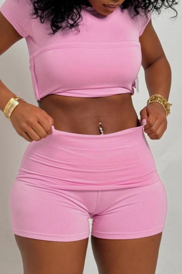 Pink Casual Daily Solid Color Basic O Neck Short Sleeve Two Pieces