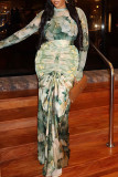 Green Casual Print Ruched Half A Turtleneck Long Sleeve Two Pieces