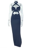 Black Sexy Solid Color Backless Slit Halter Long Dresses