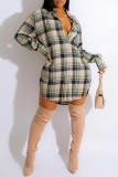 Green Casual Daily Plaid Buttons Turndown Collar Shirt Dresses