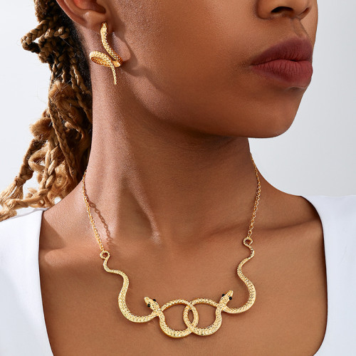 Gold Daily snake Patchwork Chains Solid Color Necklaces Earrings Two Piece Set