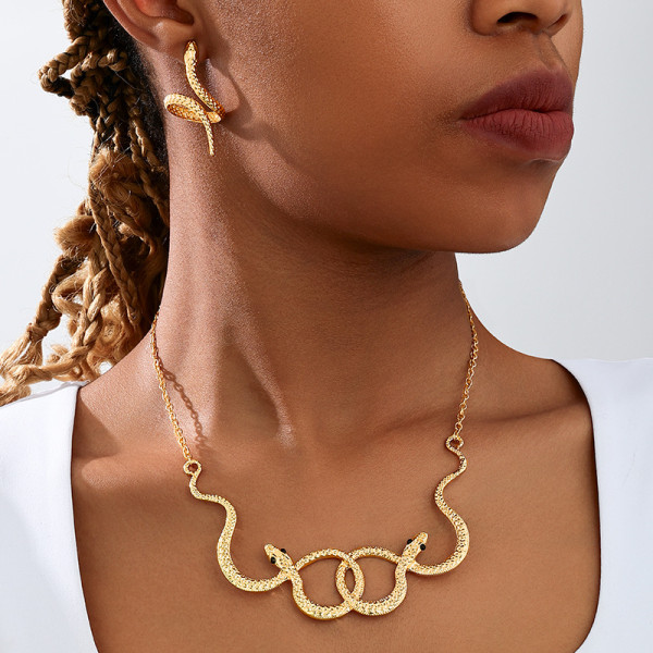 Gold Daily snake Patchwork Chains Solid Color Necklaces Earrings Two Piece Set