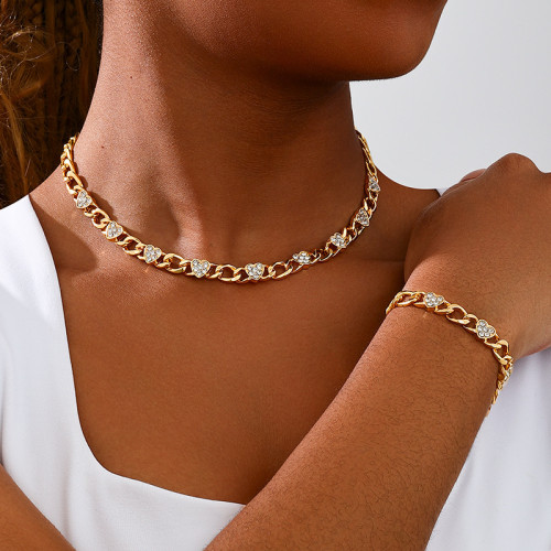Gold Daily Heart Shaped Chains Rhinestone Decor Necklaces Bracelet Two-piece Set