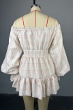 White Sexy Plaid Lace Buckle Strap Design Off Shoulder Printed Dresses
