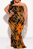 Blue Sexy Colorblock Camouflage Print Colored Diamonds Contrast Strapless Printed Plus Size Dresses
