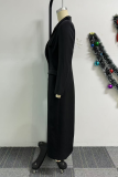Black Casual Elegant Solid Color Buttons Patchwork Turndown Collar Suit Dresses