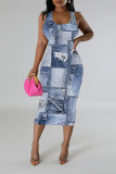 Blue Khaki Casual Faux Denim Print Contrast U Neck Printed Dresses