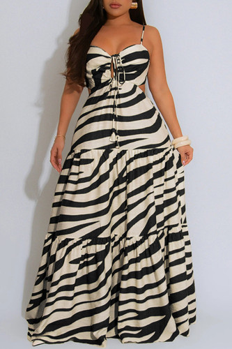 Black Sexy Casual Print Backless Belted Spaghetti Strap Long Dresses
