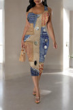 Blue Khaki Casual Faux Denim Print Contrast U Neck Printed Dresses