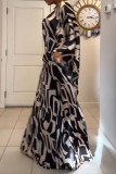 Black Casual Print Belted Oblique Collar Dresses