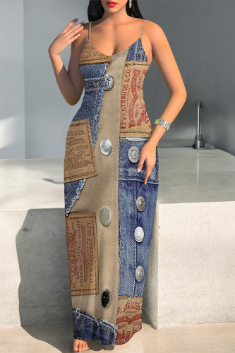 Multicolor Sexy Faux Denim Print Leopard Contrast V Neck Printed Dresses