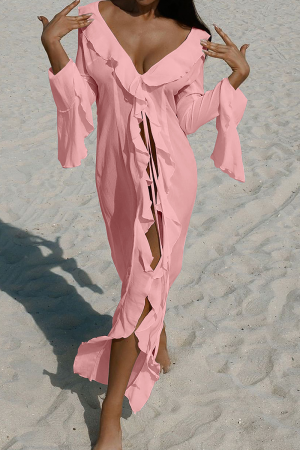 Pink Sexy Solid Color High Slit Ruffled Trim Swimwears Cover Up