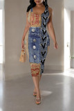 Blue Khaki Casual Faux Denim Print Contrast U Neck Printed Dresses