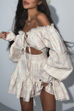 White Sexy Plaid Lace Buckle Strap Design Off Shoulder Printed Dresses