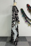 Black Casual Print Belted Oblique Collar Dresses