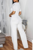 Ink Green Casual Solid Color Buttons Asymmetrical Collar Regular Jumpsuits