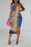 Blue Khaki Casual Faux Denim Print Contrast U Neck Printed Dresses