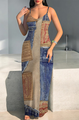 Blue Khaki Sexy Faux Denim Print Leopard Contrast V Neck Printed Dresses