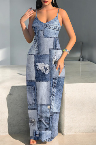 Baby Blue Sexy Faux Denim Print Leopard Contrast V Neck Printed Dresses