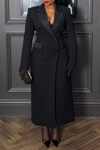 Black Casual Elegant Solid Color Buttons Patchwork Turndown Collar Suit Dresses