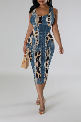 Leopard Print Casual Faux Denim Print Contrast U Neck Printed Dresses