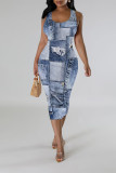 Blue Khaki Casual Faux Denim Print Contrast U Neck Printed Dresses