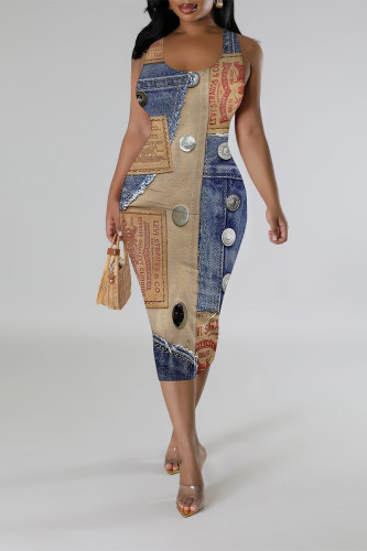 Blue Khaki Casual Faux Denim Print Contrast U Neck Printed Dresses