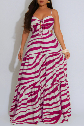 Rose Red Sexy Casual Print Backless Belted Spaghetti Strap Long Dresses