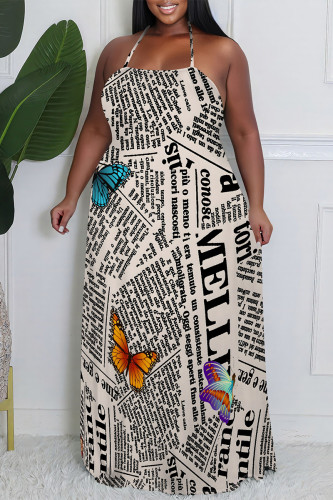 Beige Sexy Colorblock Chain print Newspaper printing Backless Contrast Halter Printed Plus Size Dresses