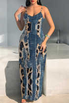 Leopard Print Sexy Faux Denim Print Leopard Contrast V Neck Printed Dresses