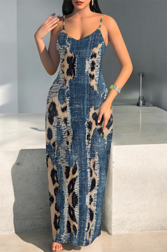 Leopard Print Sexy Faux Denim Print Leopard Contrast V Neck Printed Dresses