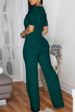 Ink Green Casual Solid Color Buttons Asymmetrical Collar Regular Jumpsuits