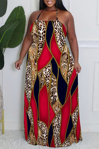 Red Sexy Colorblock Chain print Newspaper printing Backless Contrast Halter Printed Plus Size Dresses