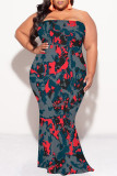 Blue Sexy Colorblock Camouflage Print Colored Diamonds Contrast Strapless Printed Plus Size Dresses