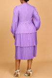 Light Purple Casual Daily Solid Color Patchwork Ruched V Neck Cake Skirt Dresses